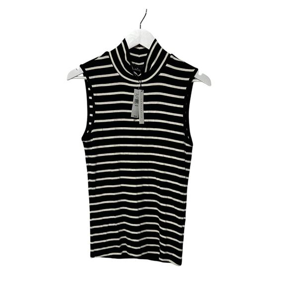 SANCTUARY TOP WOMENS MEDIUM  SLEEVELESS STRIPE MOCK NECK T-SHIRT BLACK NEW - Picture 3 of 12